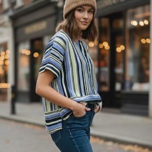 JONES NEW YORK Signature Striped Hi Lo Blouse, Women’s M, Blue White Green